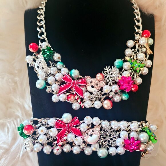 Betsey Johnson Holiday Christmas Statement Bib Choker Necklace Bracelet Set NEW - Picture 1 of 16